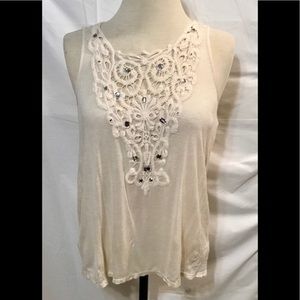 Rue 21 Creme Tank Top Embroidered Front Detail